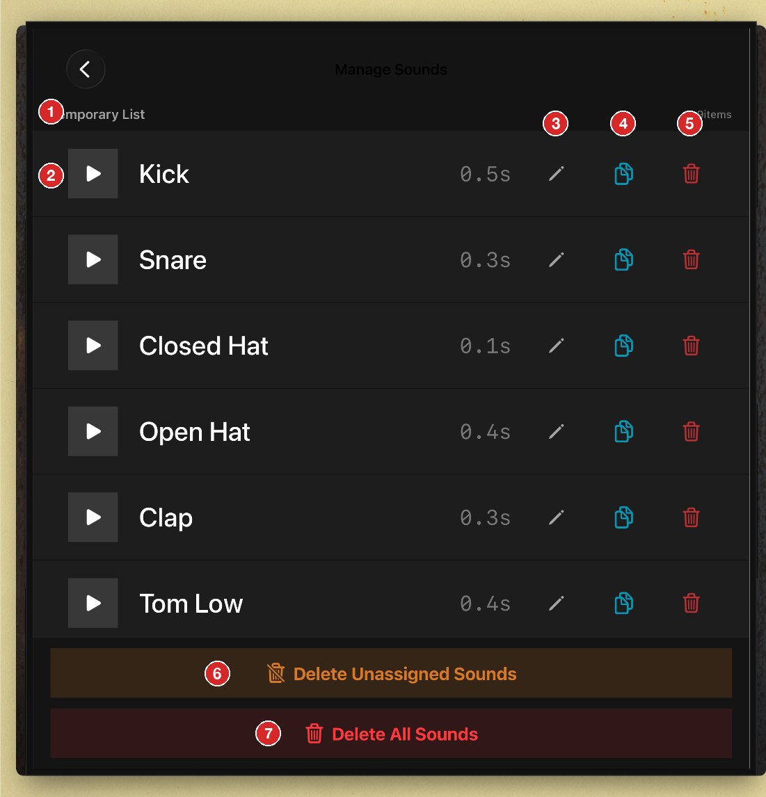Manage Sounds screen